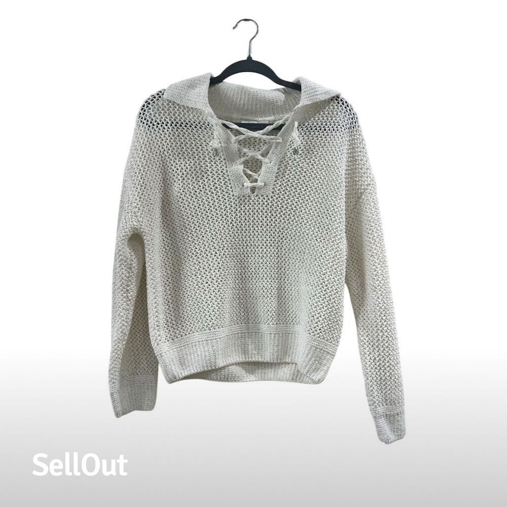 Joie Women's XS Ivory Sparkly Lace-Up V-Neck Pullover Sweater